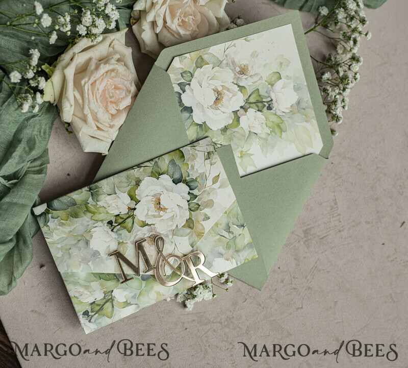 Sage green wedding? Wedding invitations in color sage green can be paired with various kinds of neutrals to incorporate into your wedding invitation, such as ivory and taupe. Elegant garden Wedding Cards.-9