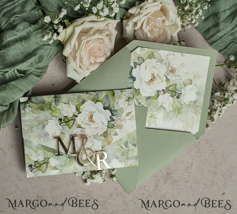 Sage green wedding? Wedding invitations in color sage green can be paired with various kinds of neutrals to incorporate into your wedding invitation, such as ivory and taupe. Elegant garden Wedding Cards.-10