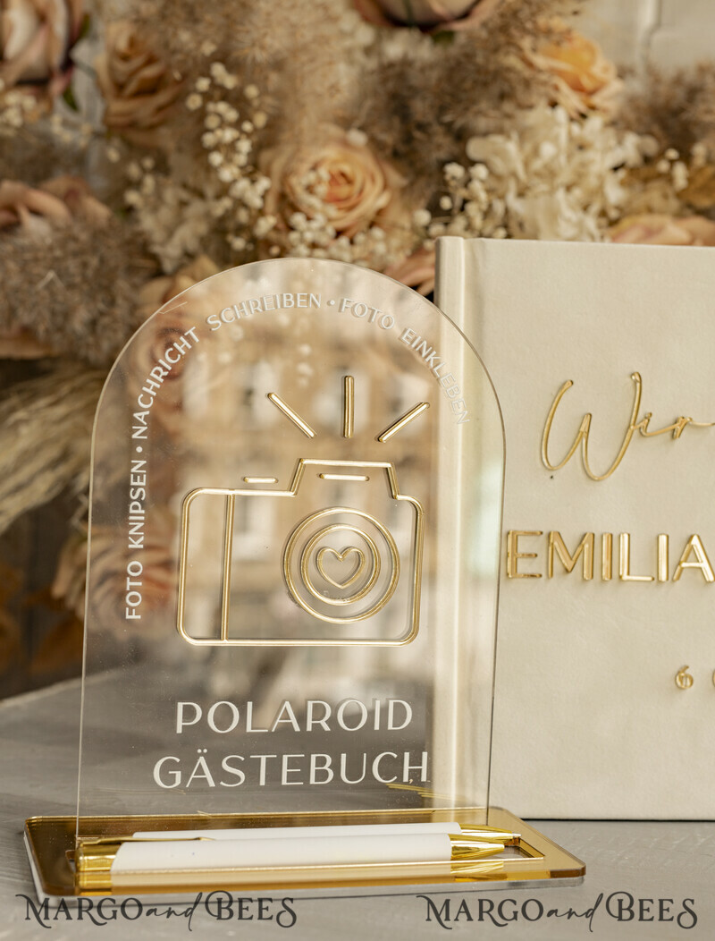 Polaroid Gold Acrylic Hochzeitsgästebuch Personalisiert Schilderset Samtweißes Sofort-Fotobuch Boho Elegant Instax Hochzeitsfoto-Gästebuch-6