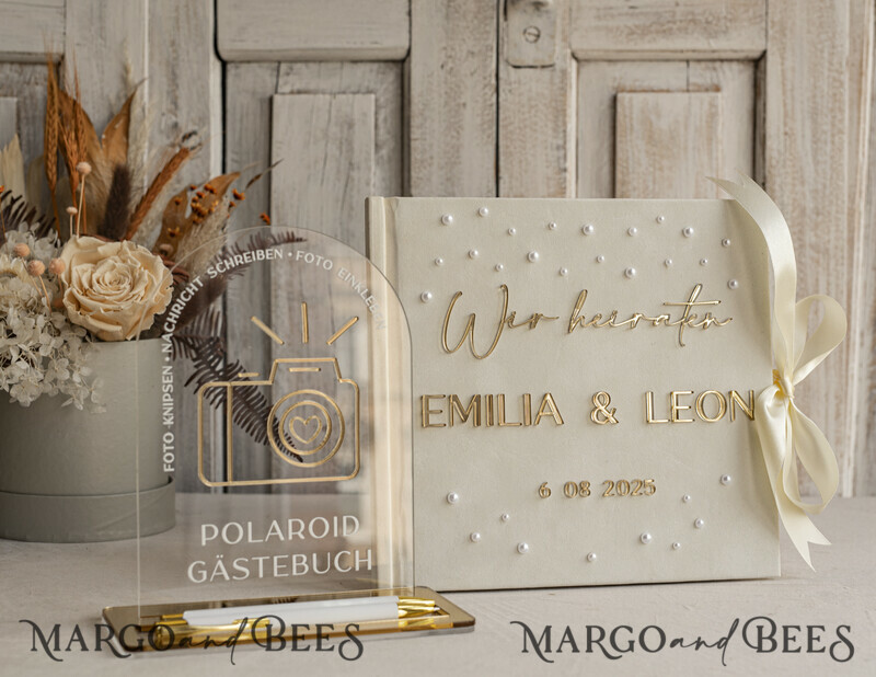 Pearls Gold Acrylic Hochzeitsgästebuch Personalisiert Schilderset Samt Ecru -0