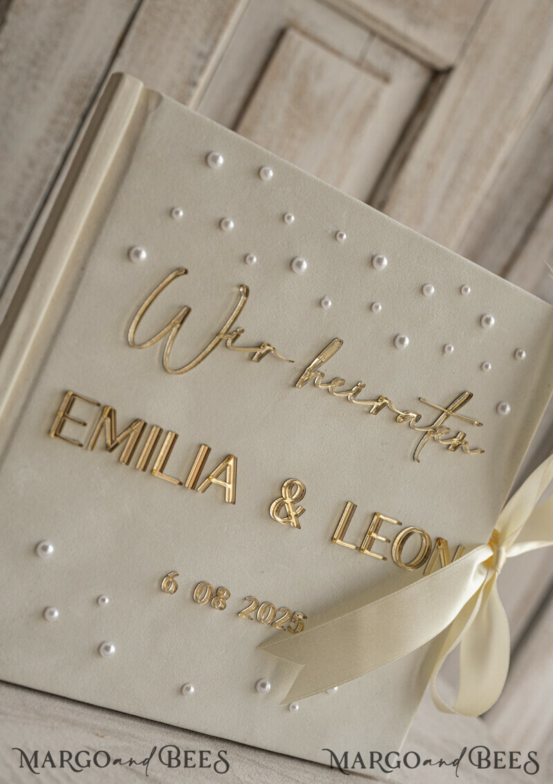 Pearls Gold Acrylic Hochzeitsgästebuch Personalisiert Schilderset Samt Ecru -3