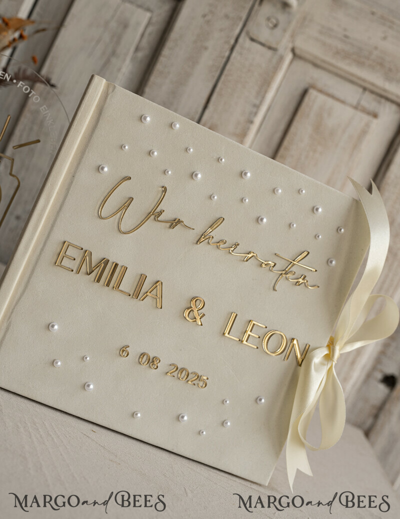 Pearls Gold Acrylic Hochzeitsgästebuch Personalisiert Schilderset Samt Ecru -5