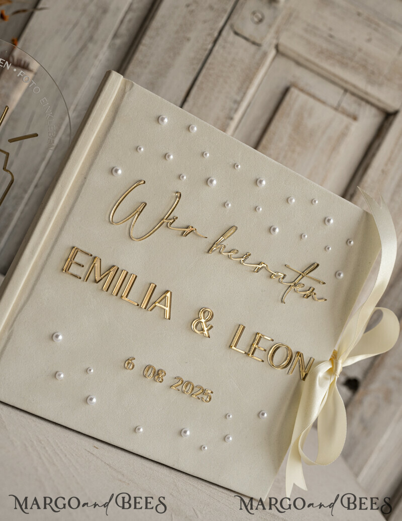 Pearls Gold Acrylic Hochzeitsgästebuch Personalisiert Schilderset Samt Ecru -6