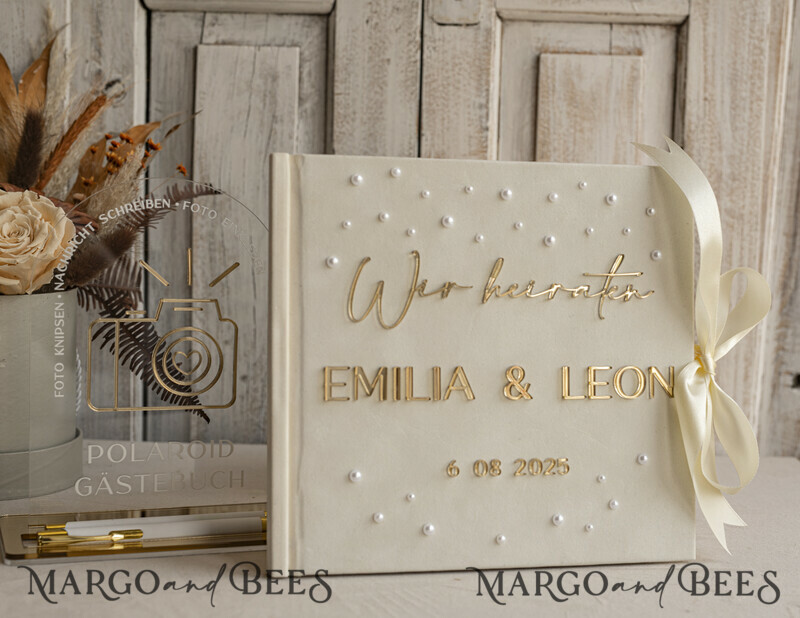 Pearls Gold Acrylic Hochzeitsgästebuch Personalisiert Schilderset Samt Ecru -7