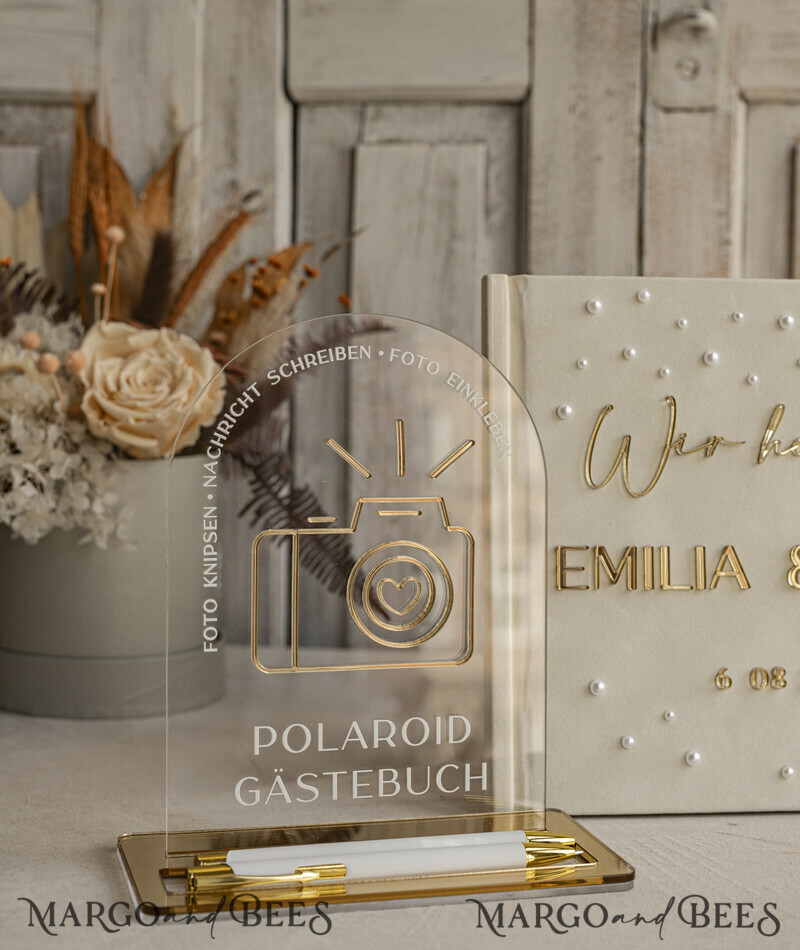 Pearls Gold Acrylic Hochzeitsgästebuch Personalisiert Schilderset Samt Ecru -9