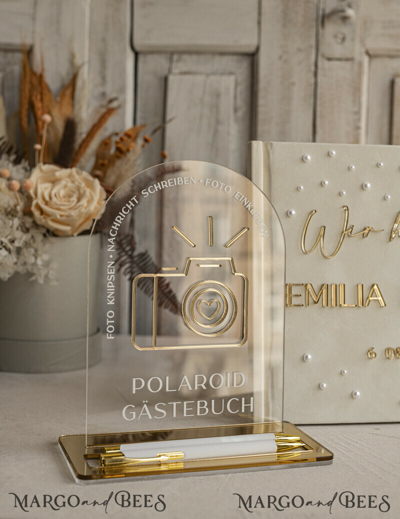 Pearls Gold Acrylic Hochzeitsgästebuch Personalisiert Schilderset Samt Ecru -10