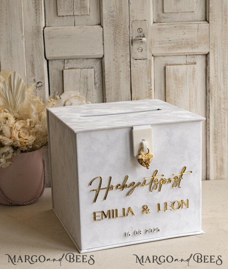 hochzeitPOst Briefbox, Spardose aus Samt für Hochzeiten, weißer Samt-3
