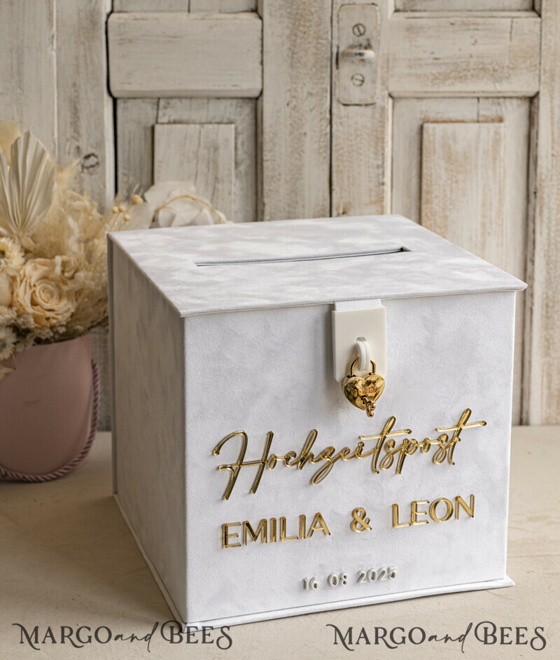 hochzeitPOst Briefbox, Spardose aus Samt für Hochzeiten, weißer Samt-5