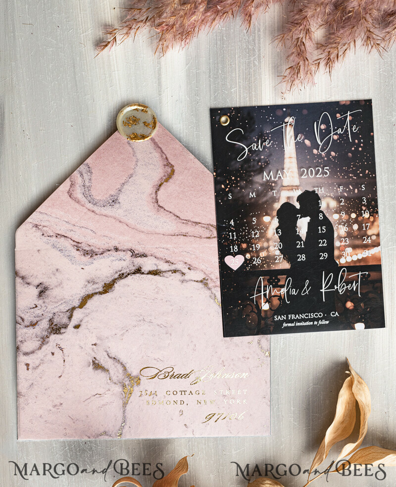 Blush Pink Marble Gold Save the Date Cards with Photo, Plexi Clear Save Our Dates with Photo-2