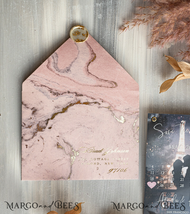 Blush Pink Marble Gold Save the Date Cards with Photo, Plexi Clear Save Our Dates with Photo-12