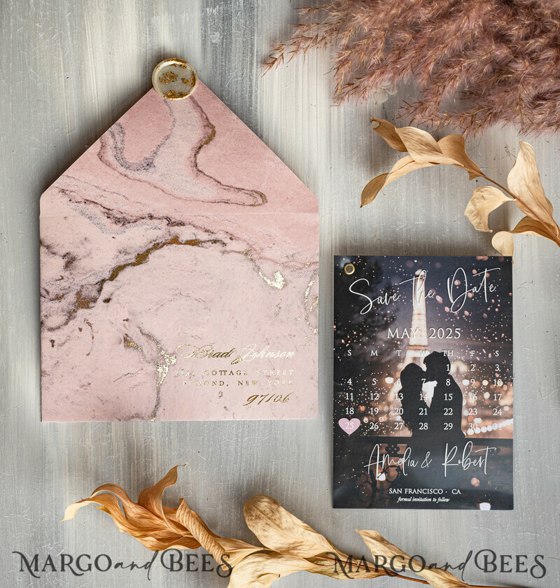 Blush Pink Marble Gold Save the Date Cards with Photo, Plexi Clear Save Our Dates with Photo-13