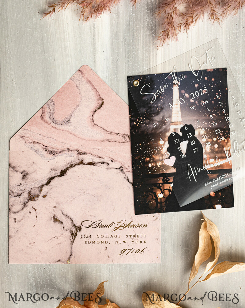 Blush Pink Marble Gold Save the Date Cards with Photo, Plexi Clear Save Our Dates with Photo-3