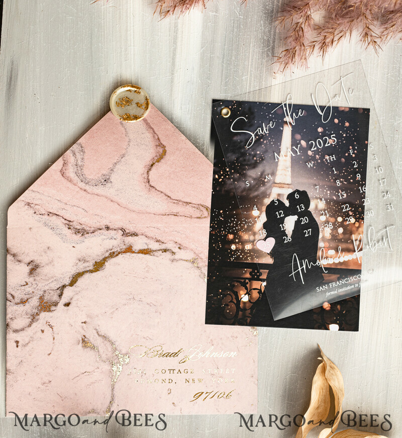 Blush Pink Marble Gold Save the Date Cards with Photo, Plexi Clear Save Our Dates with Photo-5