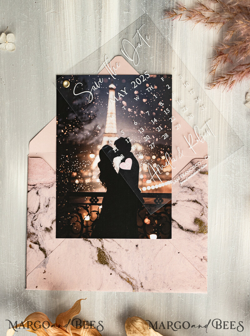 Blush Pink Marble Gold Save the Date Cards with Photo, Plexi Clear Save Our Dates with Photo-7