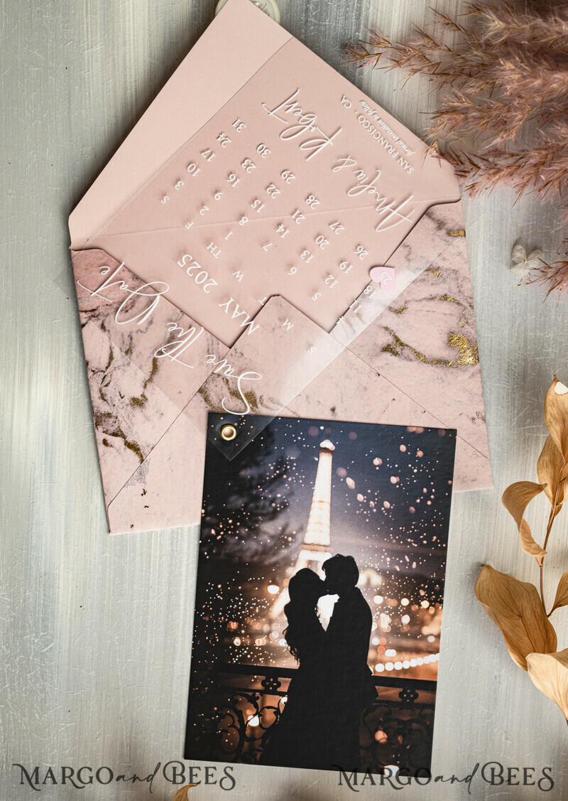 Blush Pink Marble Gold Save the Date Cards with Photo, Plexi Clear Save Our Dates with Photo-8