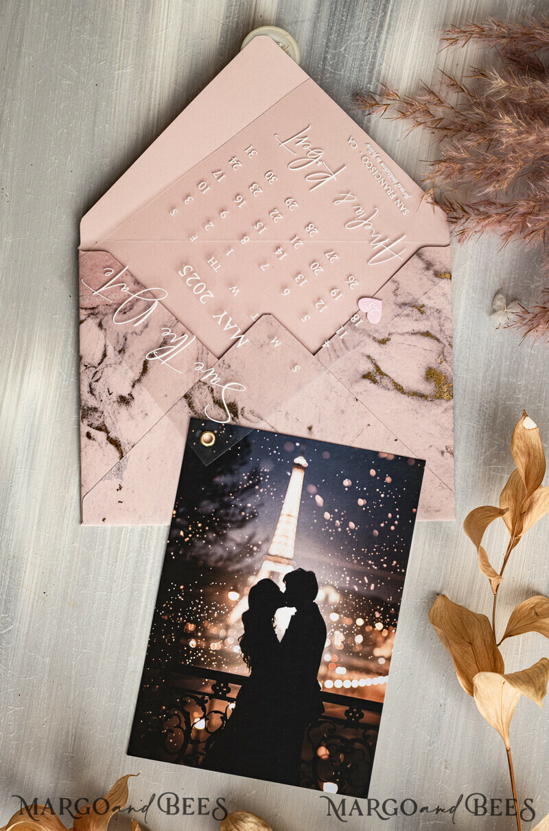 Blush Pink Marble Gold Save the Date Cards with Photo, Plexi Clear Save Our Dates with Photo-9