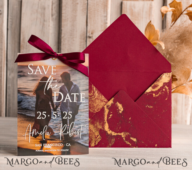 Callendar Clear Blush Pink Marble Gold Save the Date Cards with Photo, Plexi Clear Save Our Date-1