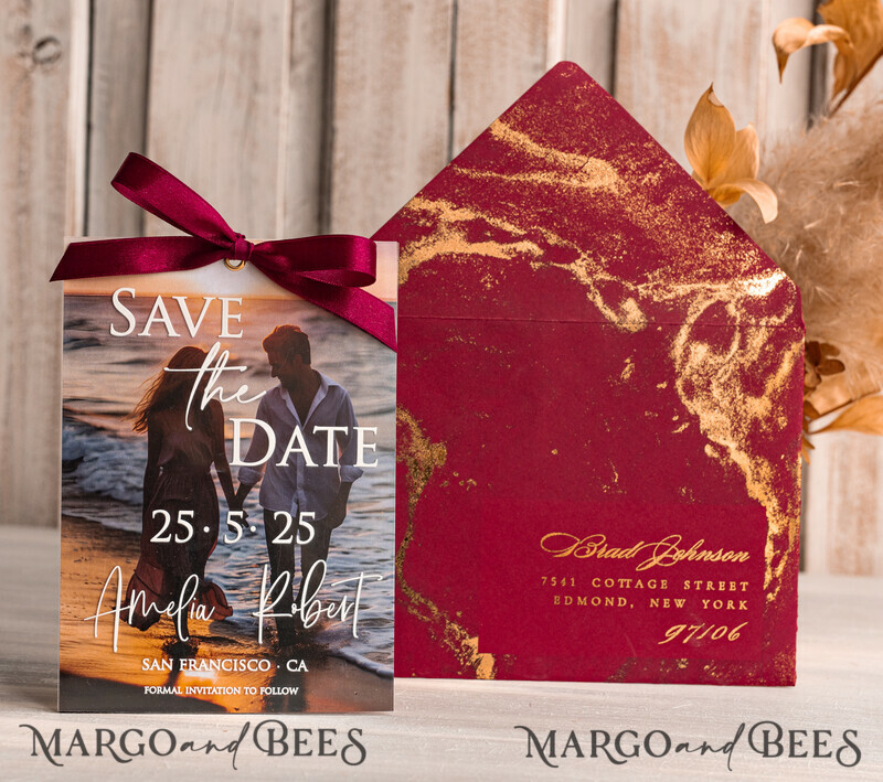 Callendar Clear Blush Pink Marble Gold Save the Date Cards with Photo, Plexi Clear Save Our Date-0