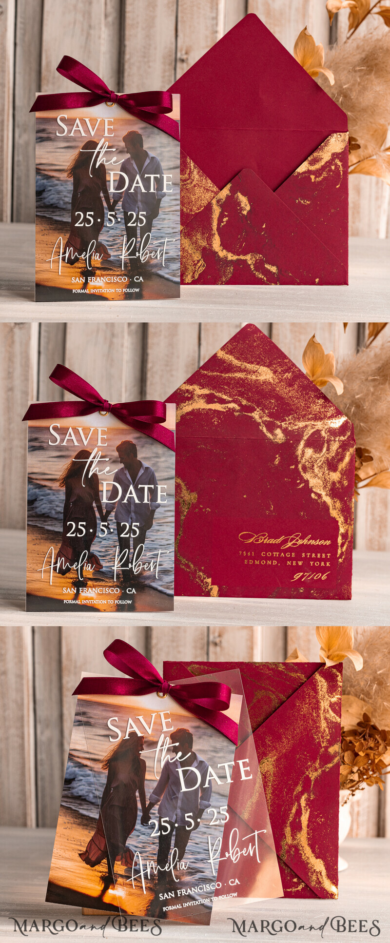 Callendar Clear Blush Pink Marble Gold Save the Date Cards with Photo, Plexi Clear Save Our Date-9