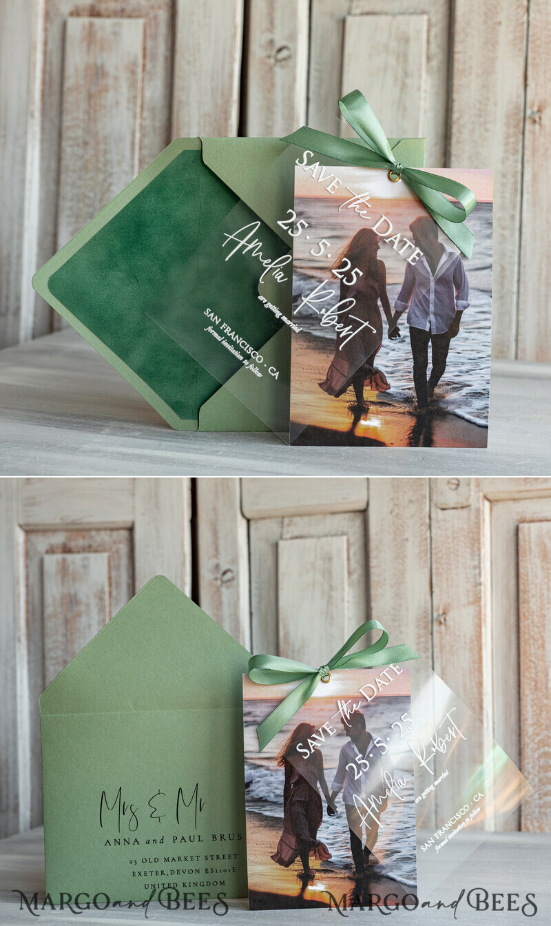 Sage green Save the Date Cards with Photo, Baby breath lowers Save Our Dates with Photo Gold Foil Calendar-5