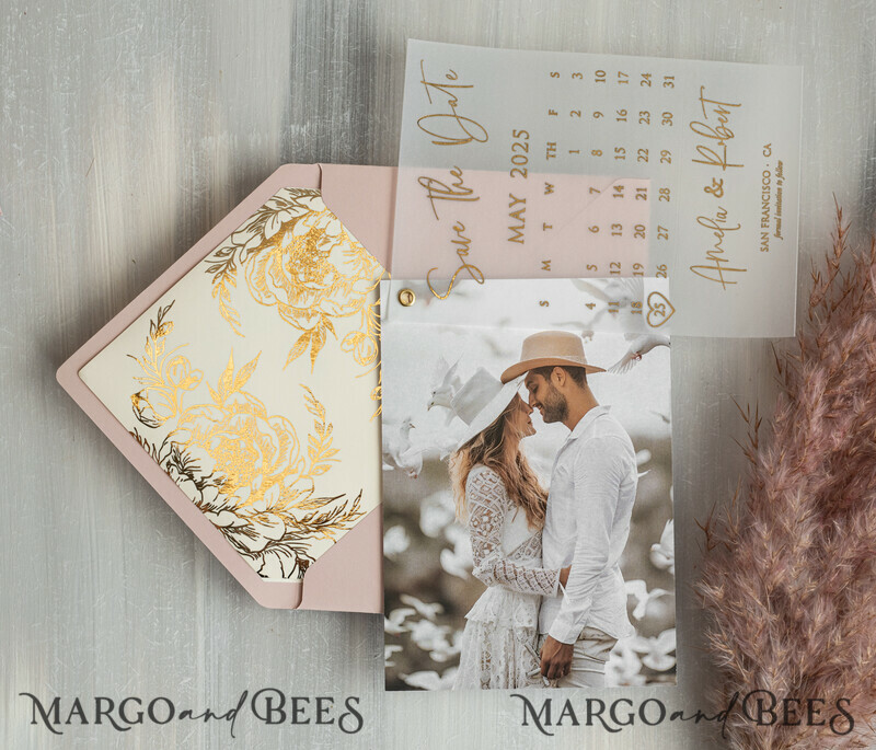 Pink Gold Marble Save the Date Cards with Photo, Vellum Save Our Dates with Photo Gold Foil Calendar Cards-2