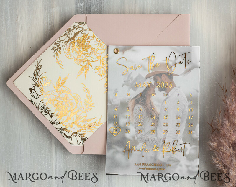 Pink Gold Marble Save the Date Cards with Photo, Vellum Save Our Dates with Photo Gold Foil Calendar Cards-5