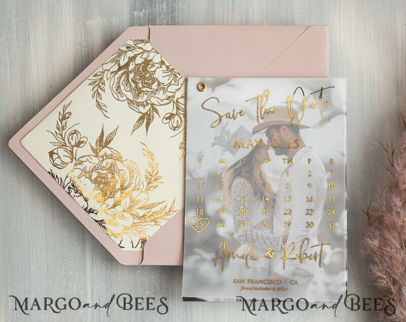 Pink Gold Marble Save the Date Cards with Photo, Vellum Save Our Dates with Photo Gold Foil Calendar Cards-6