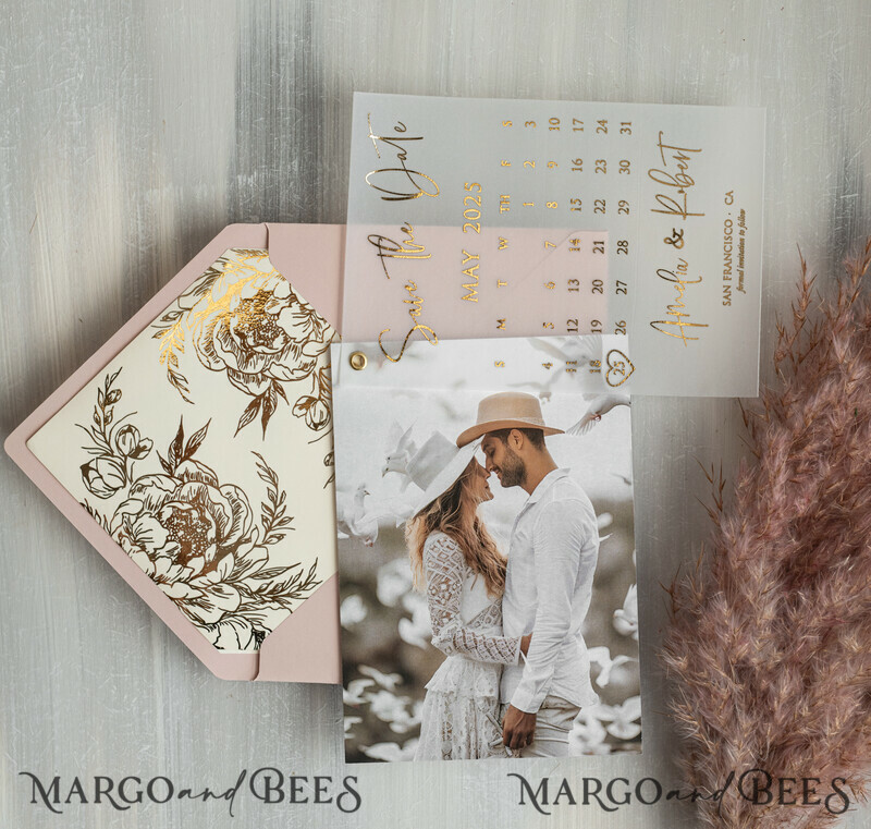 Pink Gold Marble Save the Date Cards with Photo, Vellum Save Our Dates with Photo Gold Foil Calendar Cards-1