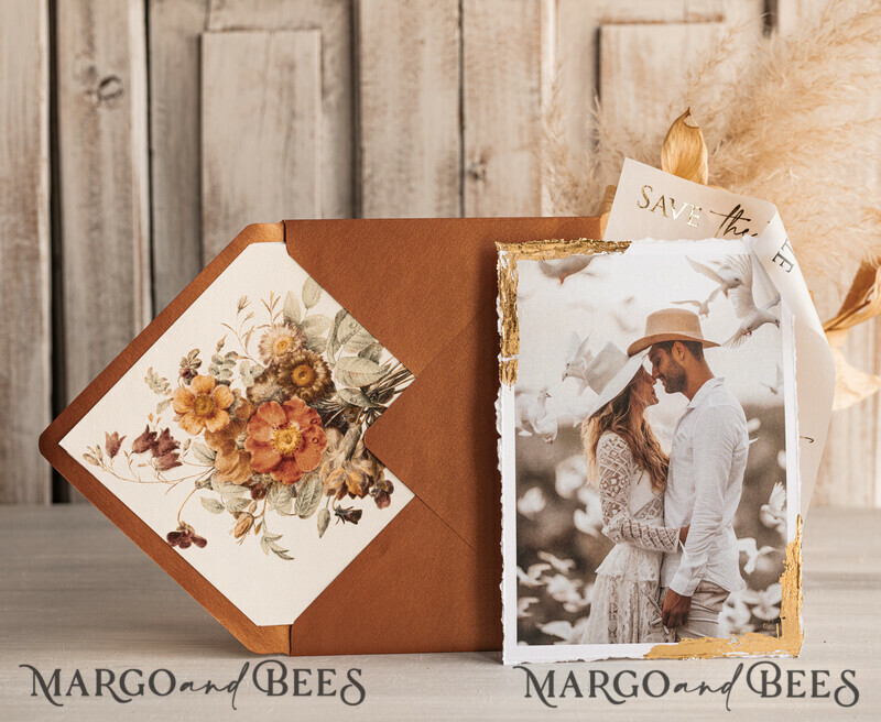 Terracotta Save the Date Cards with Photo, Burnt Orange Vellum Golden Save Our Dates with Photo-2