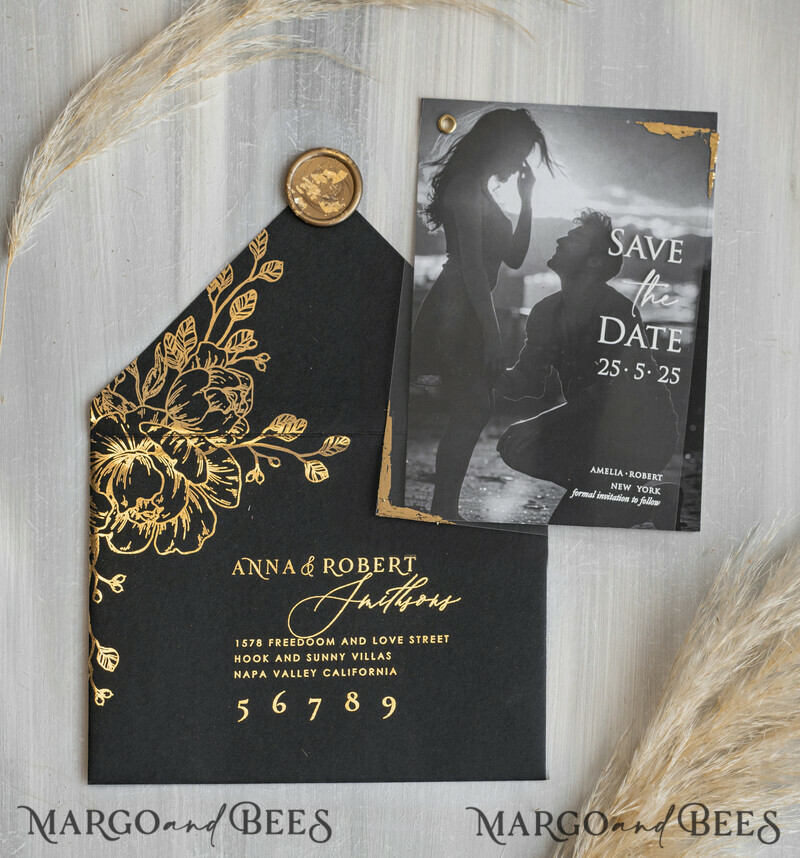 Pink Gold Marble Save the Date Cards with Photo, Vellum Save Our Dates with Photo Gold Foil Calendar Cards-15