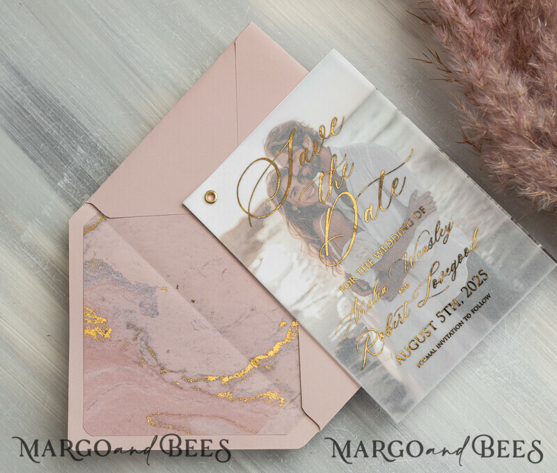 Pink Gold Marble Save the Date Cards with Photo, Vellum Save Our Dates with Photo Gold Foil Calendar Cards-1