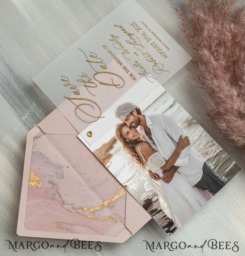 Pink Gold Marble Save the Date Cards with Photo, Vellum Save Our Dates with Photo Gold Foil Calendar Cards-2