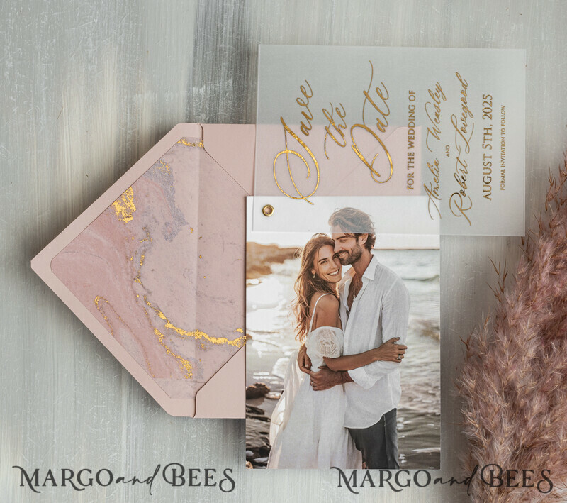 Pink Gold Marble Save the Date Cards with Photo, Vellum Save Our Dates with Photo Gold Foil Calendar Cards-4