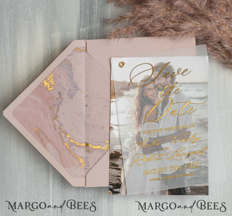 Pink Gold Marble Save the Date Cards with Photo, Vellum Save Our Dates with Photo Gold Foil Calendar Cards-5