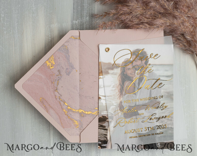 Pink Gold Marble Save the Date Cards with Photo, Vellum Save Our Dates with Photo Gold Foil Calendar Cards-0