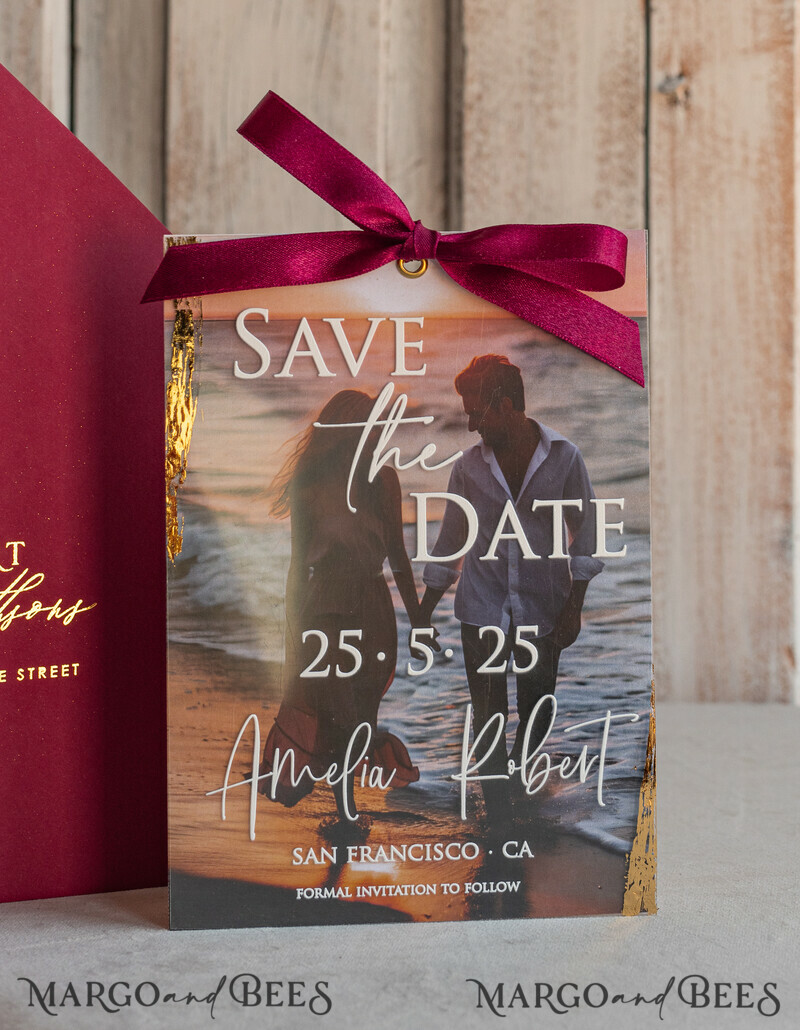 Maroon Burgundy Callendar Clear Gold Save the Date Cards with Photo-1