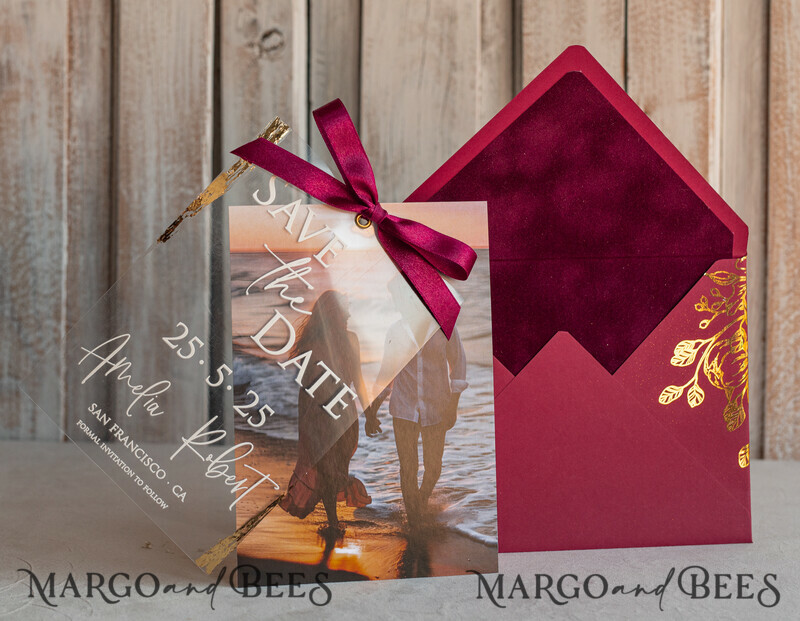 Maroon Burgundy Callendar Clear Gold Save the Date Cards with Photo-14