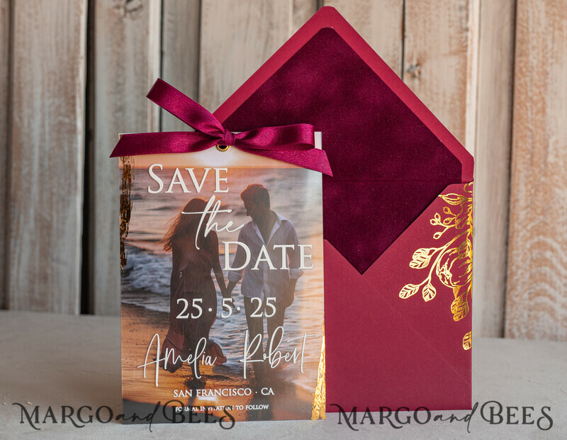 Maroon Burgundy Callendar Clear Gold Save the Date Cards with Photo-15