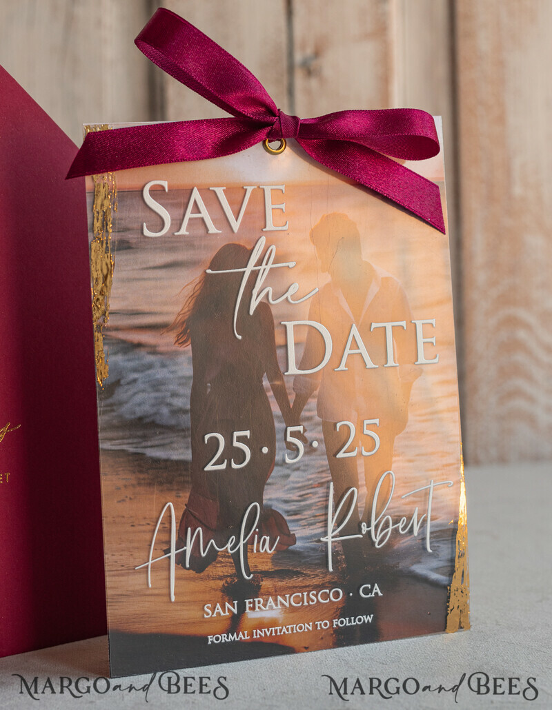 Maroon Burgundy Callendar Clear Gold Save the Date Cards with Photo-3