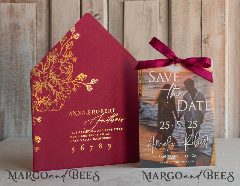 Maroon Burgundy Callendar Clear Gold Save the Date Cards with Photo-4