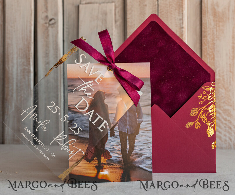 Maroon Burgundy Callendar Clear Gold Save the Date Cards with Photo-7