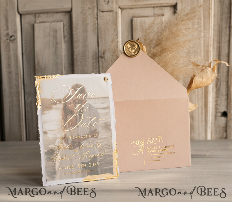 Blush Pink and Gold Deckled Edges Save the Date Cards with Photo-5