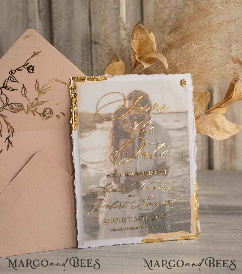 Blush Pink and Gold Deckled Edges Save the Date Cards with Photo-7