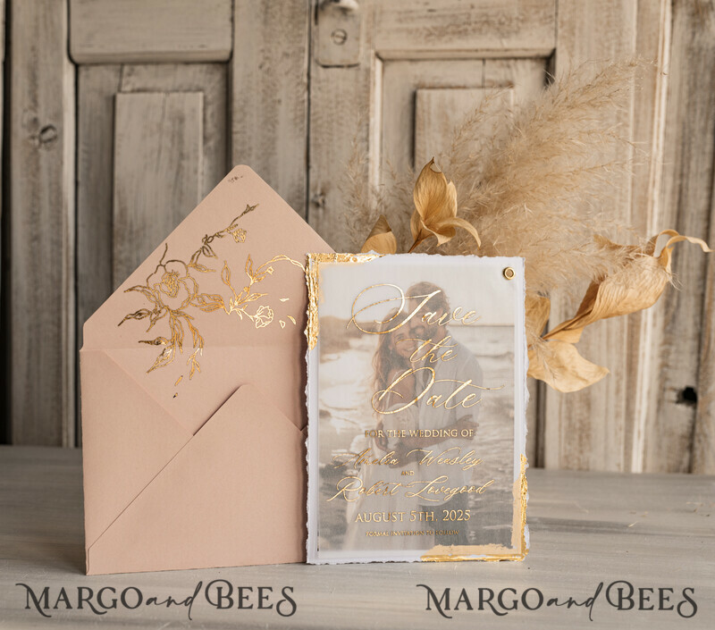 Blush Pink and Gold Deckled Edges Save the Date Cards with Photo-9