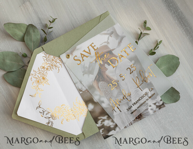 sage green Gold eucalyptus Save the Date Cards with Photo, Vellum Save Our Dates with Photo Gold Foil Calendar Cards-1