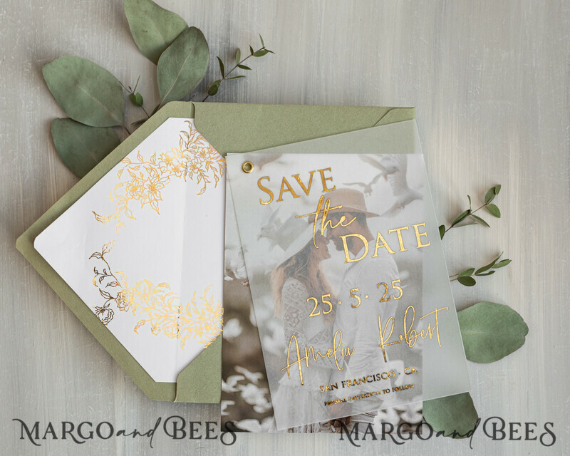 sage green Gold eucalyptus Save the Date Cards with Photo, Vellum Save Our Dates with Photo Gold Foil Calendar Cards-2