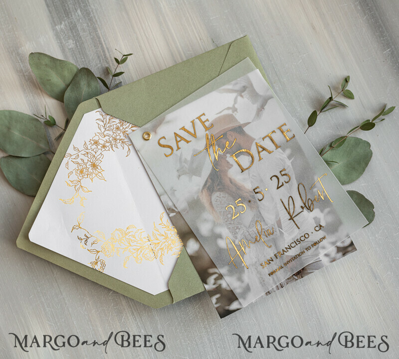 sage green Gold eucalyptus Save the Date Cards with Photo, Vellum Save Our Dates with Photo Gold Foil Calendar Cards-3