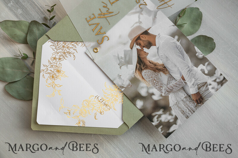 sage green Gold eucalyptus Save the Date Cards with Photo, Vellum Save Our Dates with Photo Gold Foil Calendar Cards-5