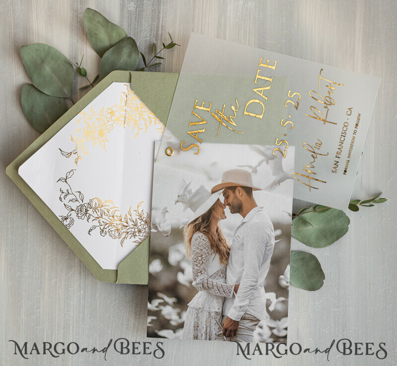 sage green Gold eucalyptus Save the Date Cards with Photo, Vellum Save Our Dates with Photo Gold Foil Calendar Cards-6