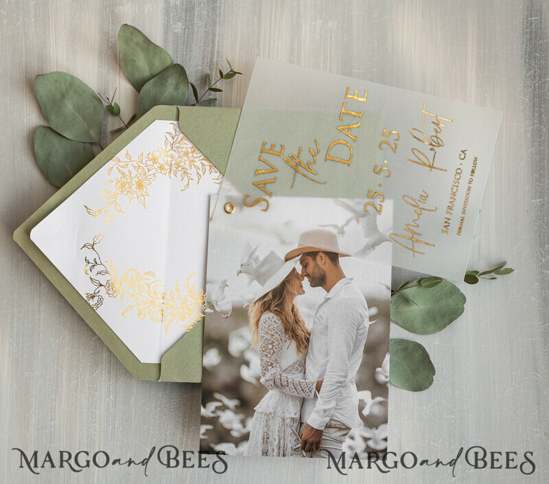 sage green Gold eucalyptus Save the Date Cards with Photo, Vellum Save Our Dates with Photo Gold Foil Calendar Cards-7